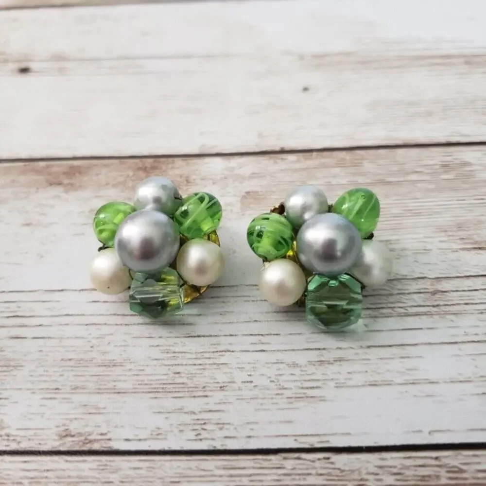 Vintage Clip On Earrings - Cluster in Different Shades of Green 7/8